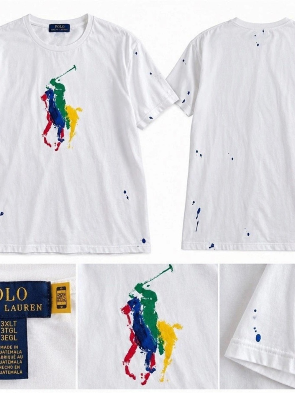 Polo Ralph Lauren Big Pony Paint Splatter T Shirt Mens 3XLT White Multicolor